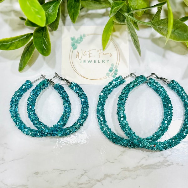 Teal Glitter Earring Hoops