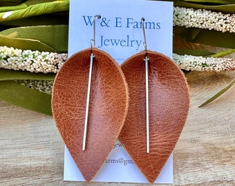 Neutral Brown Leather Earrings with Antiqued Silver Bar