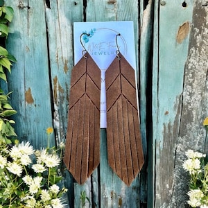 Brown Embossed Leather Feather Earrings | Boho Western Statement Jewelry