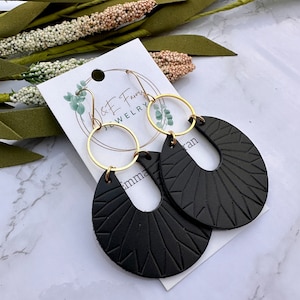 Embossed Sunray Black Leather Earrings