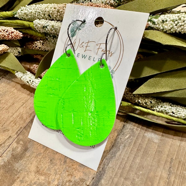 Bright Neon Green Cork and Leather Earrings