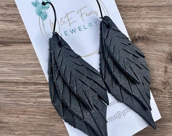 Black Layered Leather Fringe Earrings, Boho Western Dangle Statement Jewelry