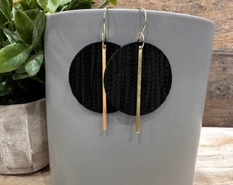 Black Embossed Leather & Brass Earrings