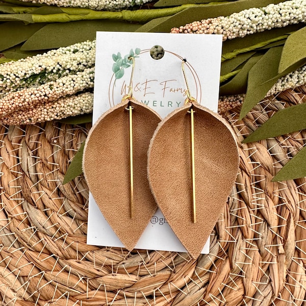 Neutral Blonde Leather Earrings with Brass Bar