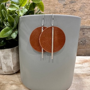 Saddle Brown Leather Earrings with Antiqued Silver Bar
