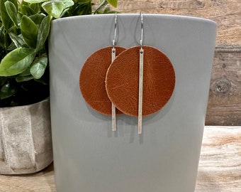 Saddle Brown Leather Earrings with Antiqued Silver Bar