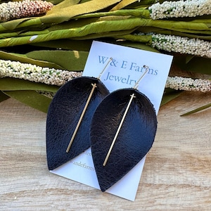 Black Genuine Leather Earrings with Brass Bar