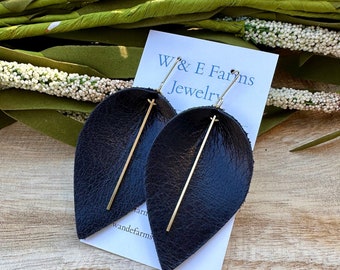 Black Genuine Leather Earrings with Brass Bar