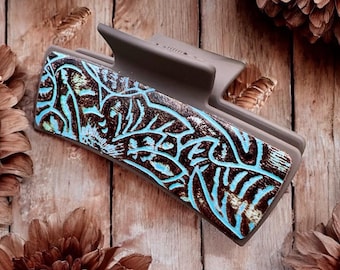 Western Tooled Blue and Brown Genuine Leather Hair Claw Clip