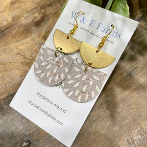 Taupe and Off White Cork and Leather Earrings with Brass Halfmoon