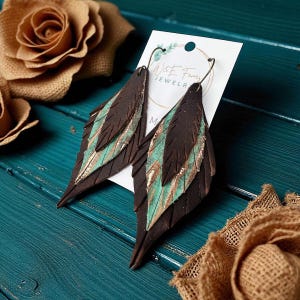 May include: A pair of dark brown leather earrings with a layered feather design. The earrings feature accents of turquoise and gold, with a hook closure. The earrings are displayed on a white card with the text "W&F Fairy JEWELRY".