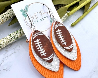 Orange and White Football Leather Earrings