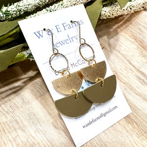 Army Green Leather and Brass Earrings