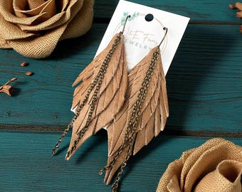 Boho Tan Leather Feather Earrings, Fringe Dangle, Western Jewelry