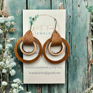 Natural Wood and Leather Hoop Earrings