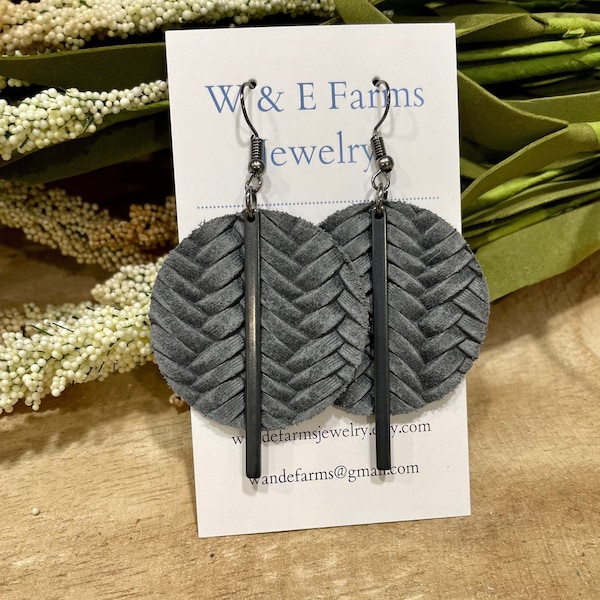 Braided Gray Leather Earrings with Black Bar