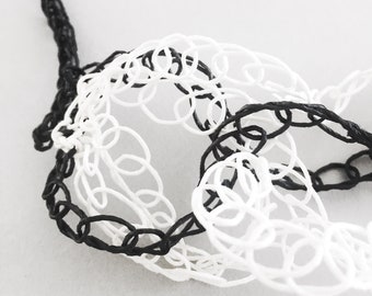 May include: A black and white crocheted necklace with a unique design. The necklace is made of two different colors of yarn, creating a contrasting pattern.