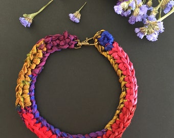 Sari Silk Necklace, crochet necklace, boho jewellery, multicoloured necklace,crochet necklace, OAK jewellery, bib necklace