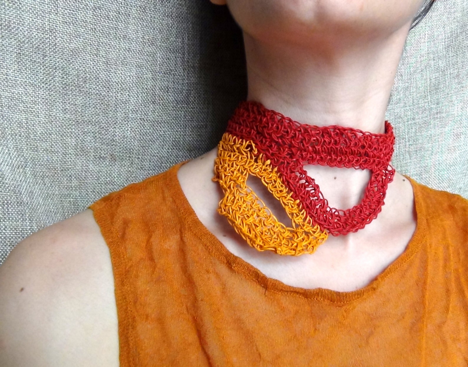 Paper Yarn Necklace Paper Crochet Statement Jewelry Orange Etsy