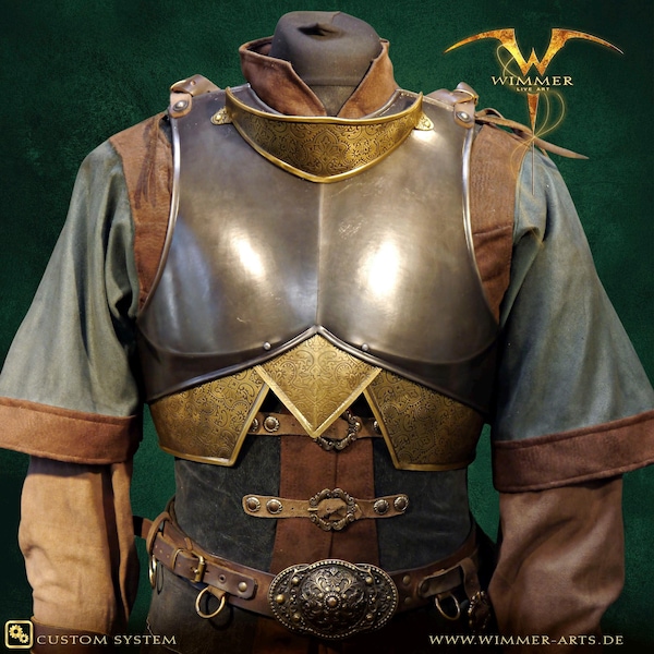 Metal breastplate - burnished with etched brass elements - Custom System - for LARP & Medieval - Handmade in Germany