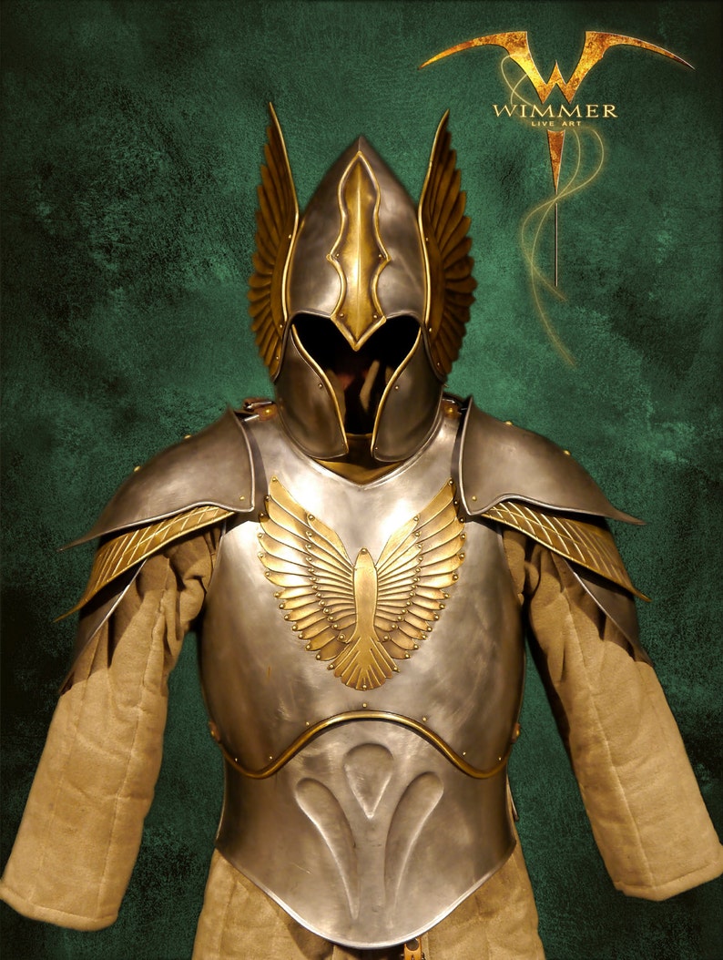 Metal armor for LARP armor set made of steel and brass in elven style with wing decorations and winged helmet, unique, handmade image 1