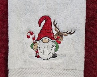 Christmas Gnome with Reindeer Embroidered Hand Towel