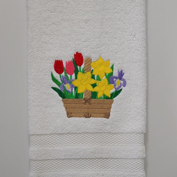 Spring Fling Flower Basket Embroidered Hand Towel