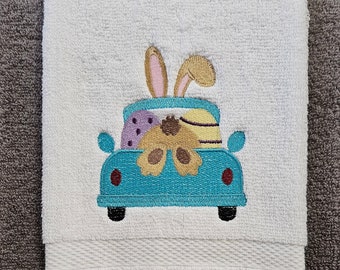 Easter Bunny Truck Embroidered Hand Towel