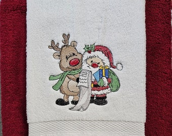 Santa and Reindeer Checking List Embroidered Hand Towel