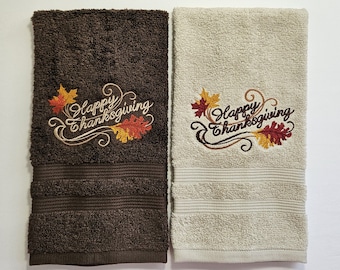 Happy Thanksgiving Embroidered Hand Towel w/ Leaves