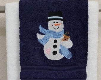 Snowman w/ Teddy Embroidered Hand Towel on Navy