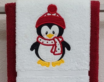 Happy Penguin Appliqued Embroidered Hand Towel