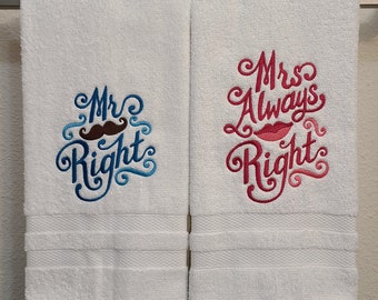 Mr. & Mrs. Right Embroidered Wedding Hand Towels