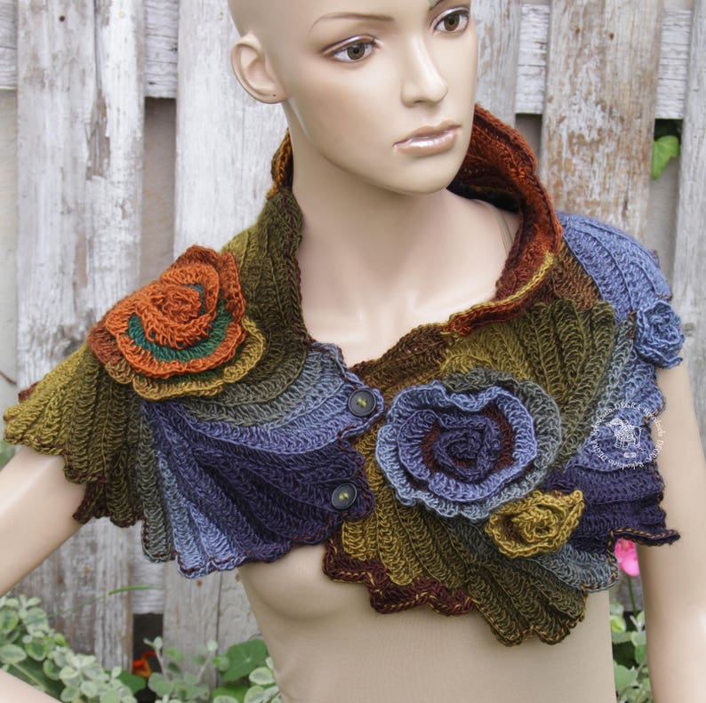 Crochet Neck Warmer Roses Scarf Freeform crochet shades Blue Etsy