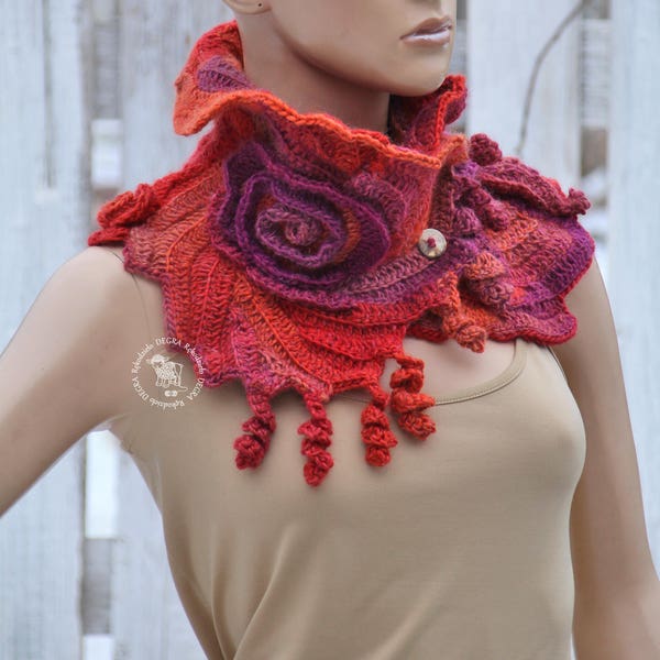 Crochet flower scarf Cowl for women Woman's Shawl  Red neck warmer Freeform crochet Boho style Fashion scarf Gift for her Chunky cowl Degra2