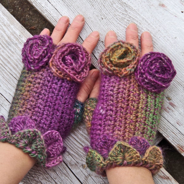 Gloves, Accessories, Green/purple ,Women, Fingerless, Crochet wool and acrilic gloves, Freeform crochet, gift ideas, Rose, winter trends