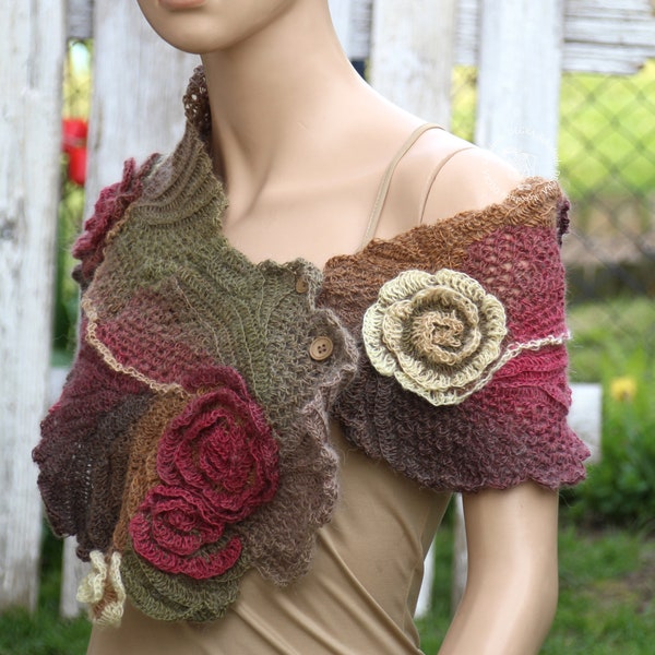 Crochet Scarf, Unique Capelet, Bohemian style, Spring fashion, Wedding scarf, Neckwarmer, Freeform crochet, Gift For her, Degra2, Flower