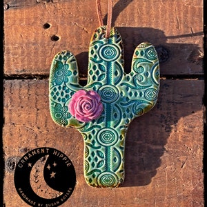 LACE Pattern CACTUS w/ ROSE ... Handmade Ceramic Ornament by Susan Boyles