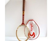 Vintage 70s Wooden Tennis Racket and Its Cover - French Retro Racket MONTANA REDSTROKE - Vintage Sport Accessory