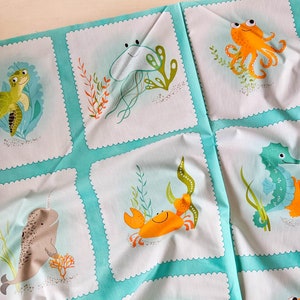 Nautical cotton fabric panel 24&quot; x 44&quot; - Aquatic Friends by Robert Kaufman - Sea world quilting cotton for children - RARE