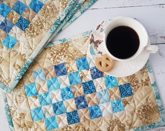 Quilted Patchwork Placemats: Beige & Blue Floral, Set of 4