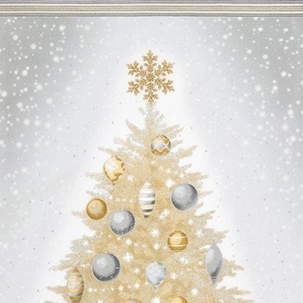 Christmas tree cotton fabric panel, Christmas fabric panels, Silver fabric, Gold cotton, Winters Grandeur CHAMPAGNE by Robert Kaufman