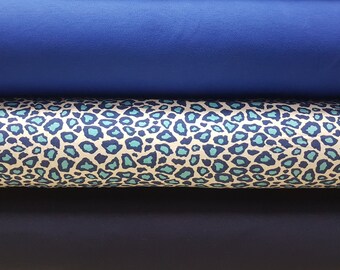 Leopard Animal Skin jersey knit fabric | Solid blue knit fabric | Laguna Jersey Prints, Catalina Knit Interlock, Robert Kaufman - 58" Wide