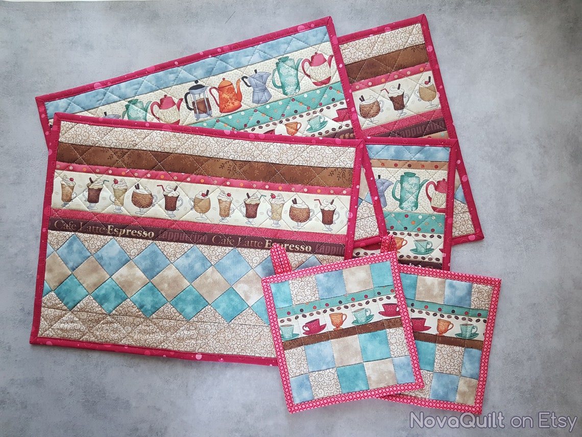 Quilted colorful pink placemats and coasters set of 4 2 Etsy