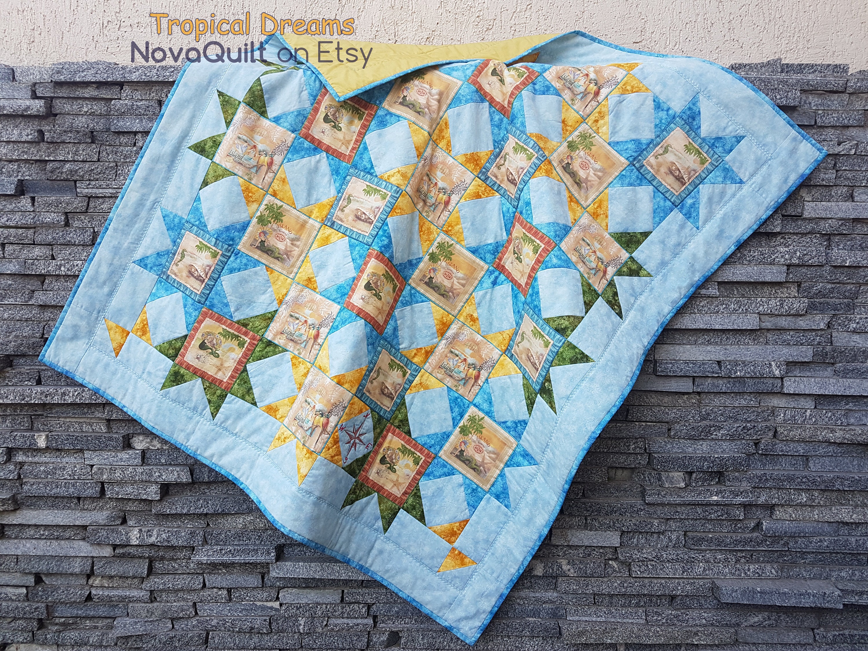 Baby blue quilt Cotton patchwork blanket tropical Summer Etsy