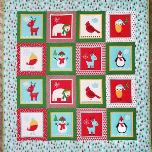Può includere: Una colorata trapunta a tema natalizio con pannelli quadrati con immagini festive. Ogni pannello mostra un personaggio invernale diverso, tra cui una renna, un orso polare, un cardinale, un gufo, un pupazzo di neve e un pinguino. La trapunta ha un bordo azzurro con piccoli alberi verdi.