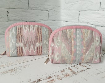 Quilted makeup bag, Pink cosmetic bag, Jewelry organizer, Travel pouch
