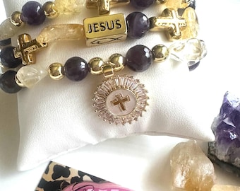 CITRINE and AMETHYST bracelets SET. #3 pieces set. Faith. Love. Strength. Abundance. Protection. Manifesting. Good vibes. Self awareness.