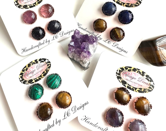 Featured listing image: WHOLESALE SET. Natural Gemstones Earrings #4 cards. Spiritual journey. Stone Stud. Moonstone Round. 12mm diameter. All pictured is a set.