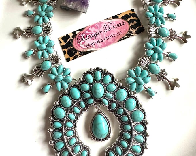 Featured listing image: UNIQUE STATEMENT NECKLACE faux turquoise, turquoise color, beautiful statement necklace, summer festivals ready, native design, summer color
